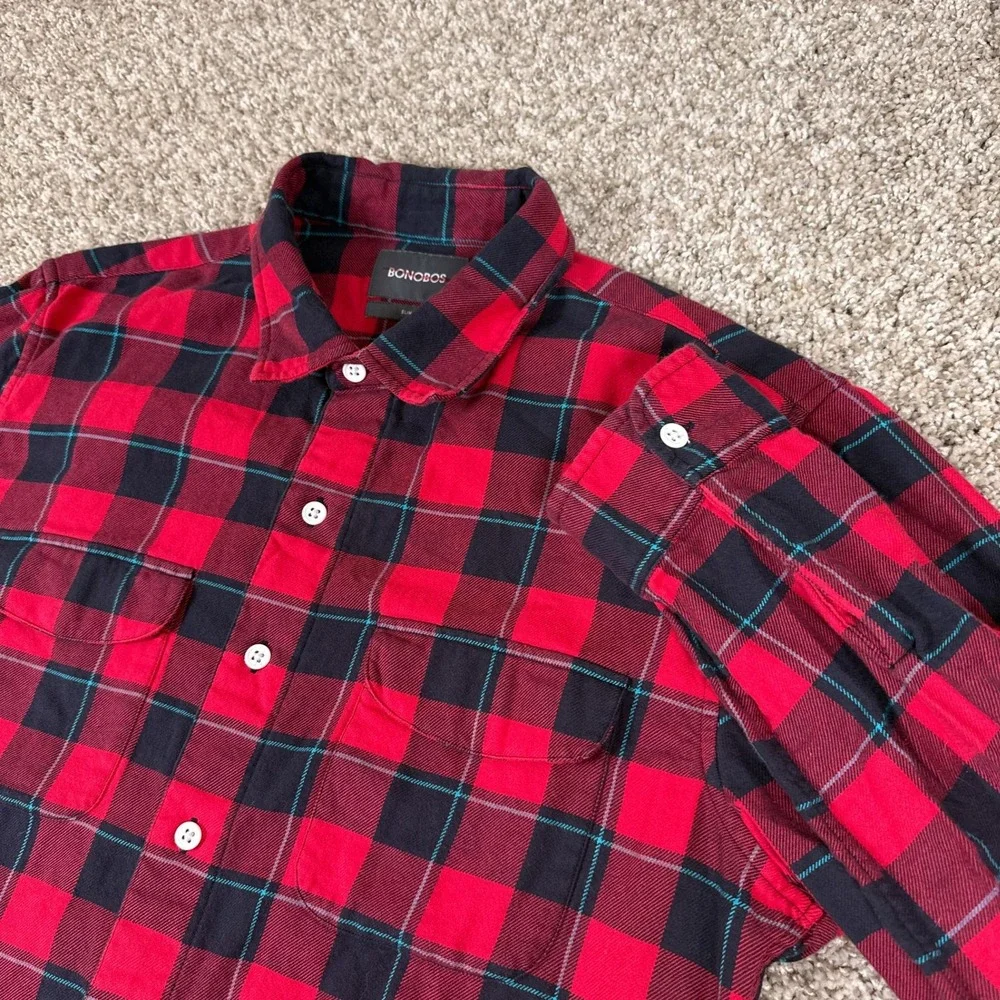 Bonobos Shirt Mens XL Red Black Plaid Flannel Button Up Long Sleeve Slim Fit - Picture 1 of 13